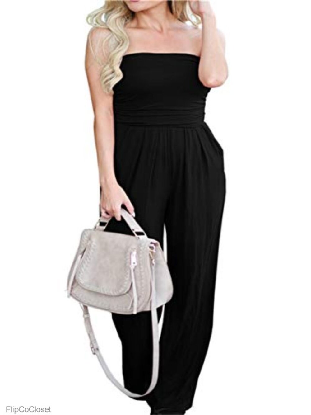 Strapless Tube Top Jumpsuit Loose Wide Leg Long Pants Romper with Pockets